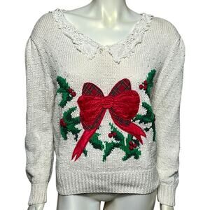 Bechamel White Hand-Knit Sweater with Lace Collar & Holiday Bow Design, Size M